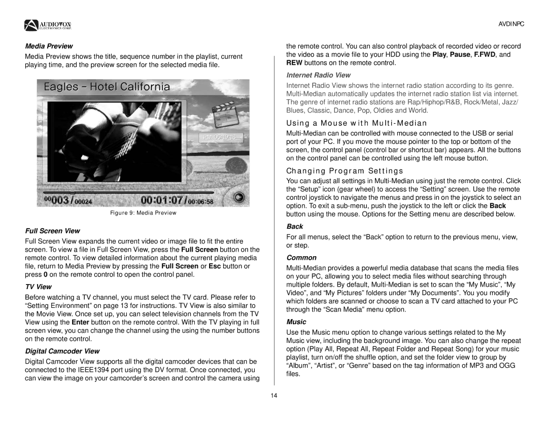 Audiovox AVDINPC operation manual Using a Mouse with Multi-Median, Changing Program Settings 