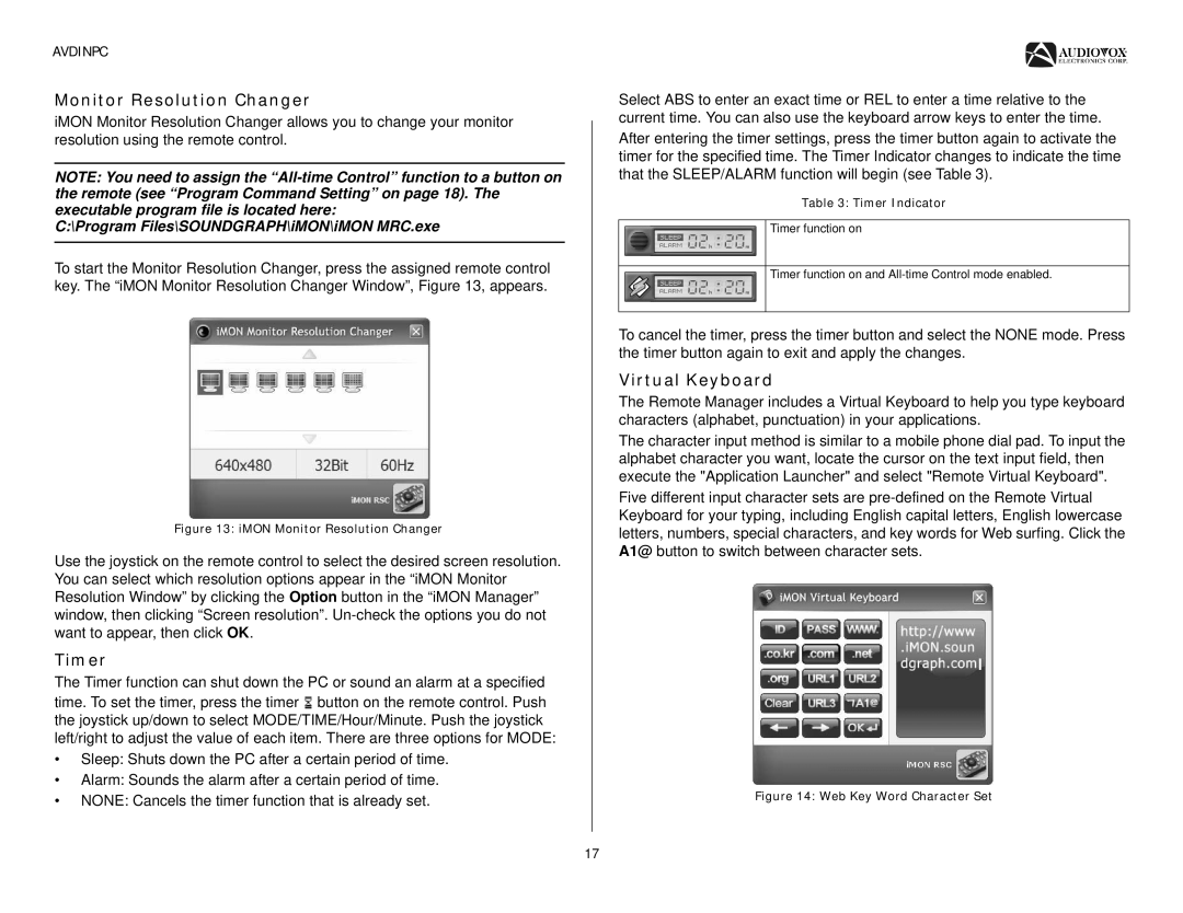 Audiovox AVDINPC Monitor Resolution Changer, Timer, Virtual Keyboard, Program Files\SOUNDGRAPH\iMON\iMON MRC.exe 