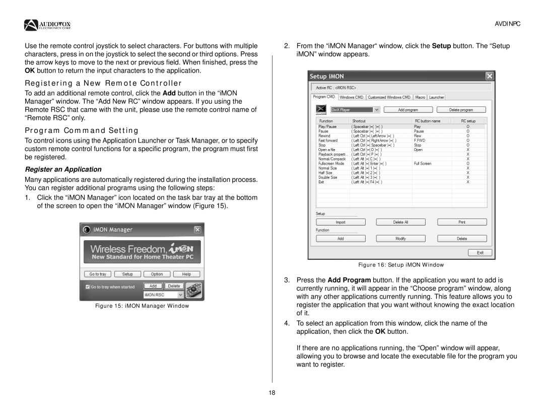 Audiovox AVDINPC operation manual Registering a New Remote Controller, Program Command Setting, Register an Application 