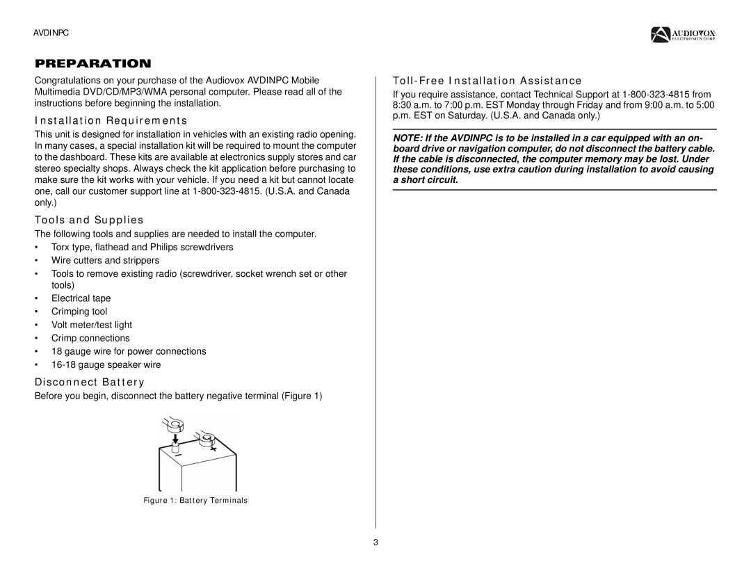 Audiovox AVDINPC operation manual Preparation, Installation Requirements, Tools and Supplies, Disconnect Battery 