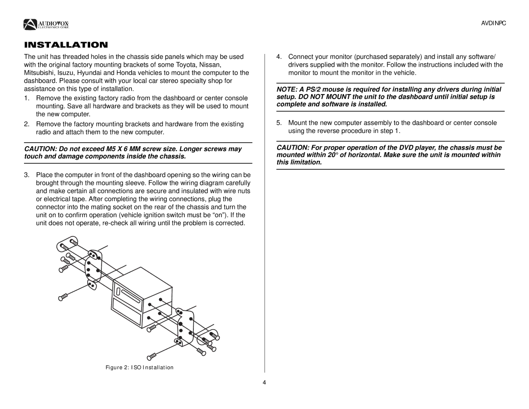 Audiovox AVDINPC operation manual ISO Installation 