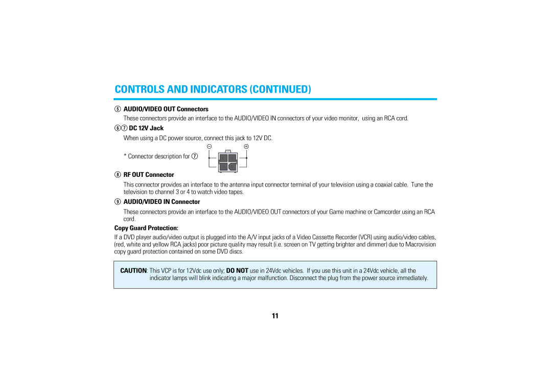 Audiovox AVP-7280A manual AUDIO/VIDEO OUT Connectors, DC 12V Jack, RF OUT Connector, AUDIO/VIDEO in Connector 