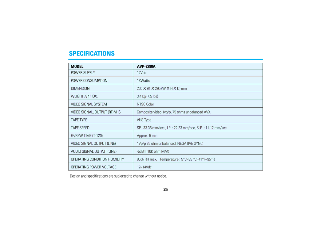 Audiovox AVP-7280A manual Specifications, Model 