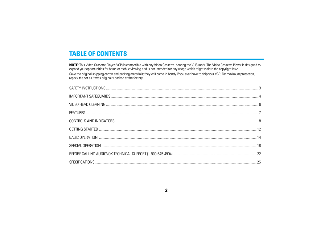 Audiovox AVP-7280A manual Table of Contents 