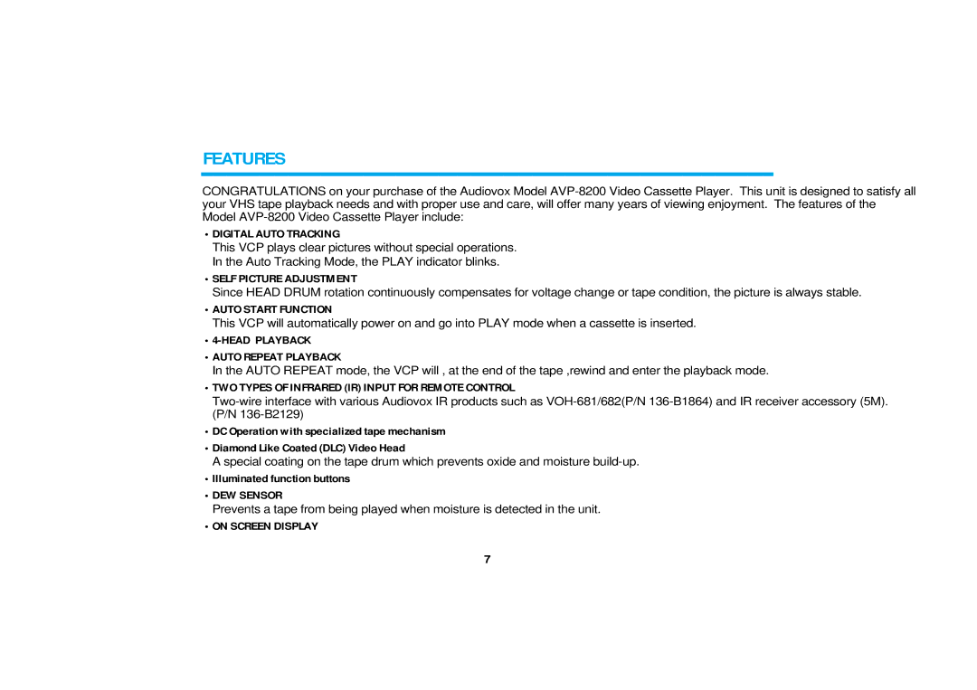 Audiovox AVP-8200 operating instructions Features 