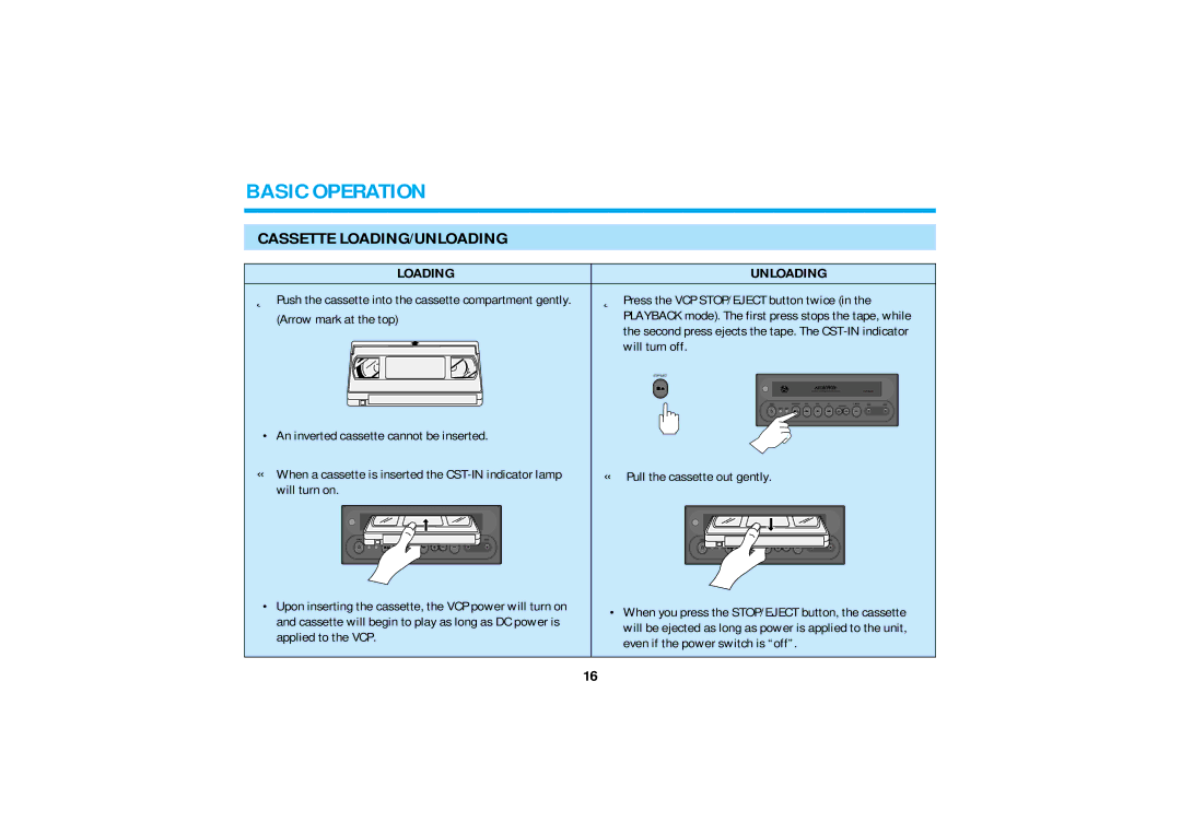 Audiovox AVP-8200 operating instructions Basic Operation, Cassette LOADING/UNLOADING, Loading Unloading 