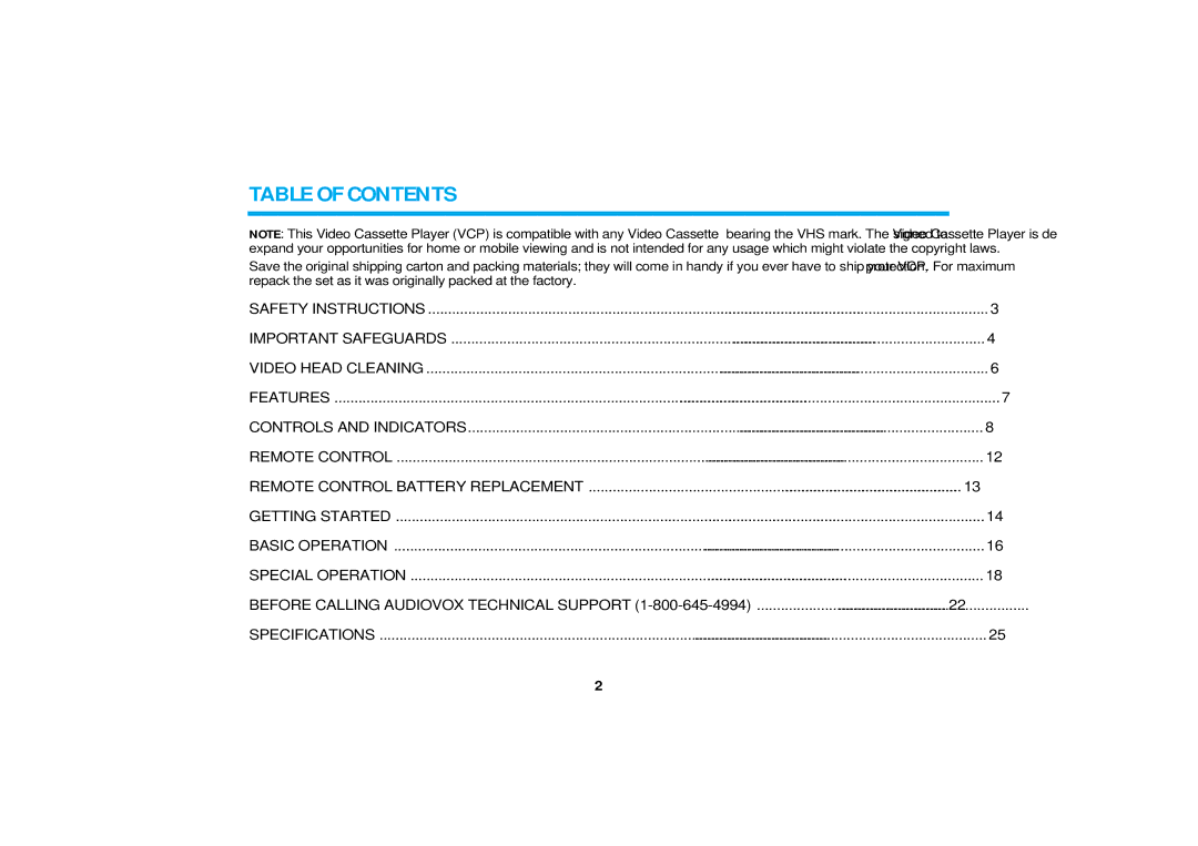 Audiovox AVP-8200 operating instructions Table of Contents 