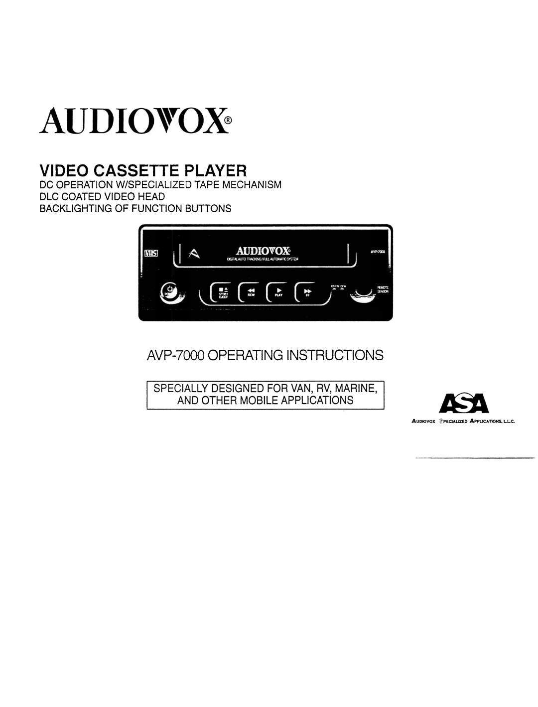 Audiovox AVP7000 manual AVP-7000 Operating Instructions 