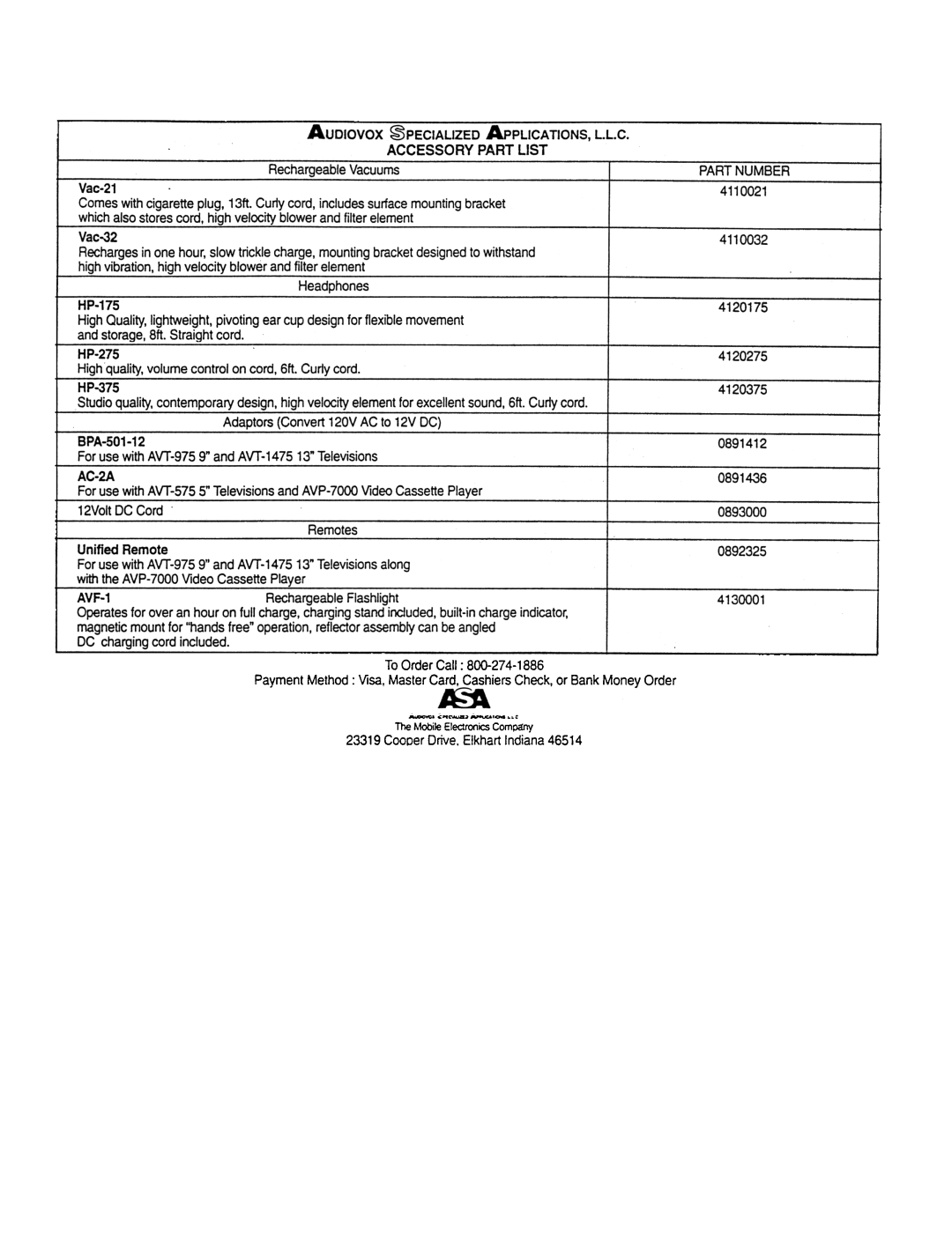 Audiovox AVP7000 manual Accessory Part List, Part Number 