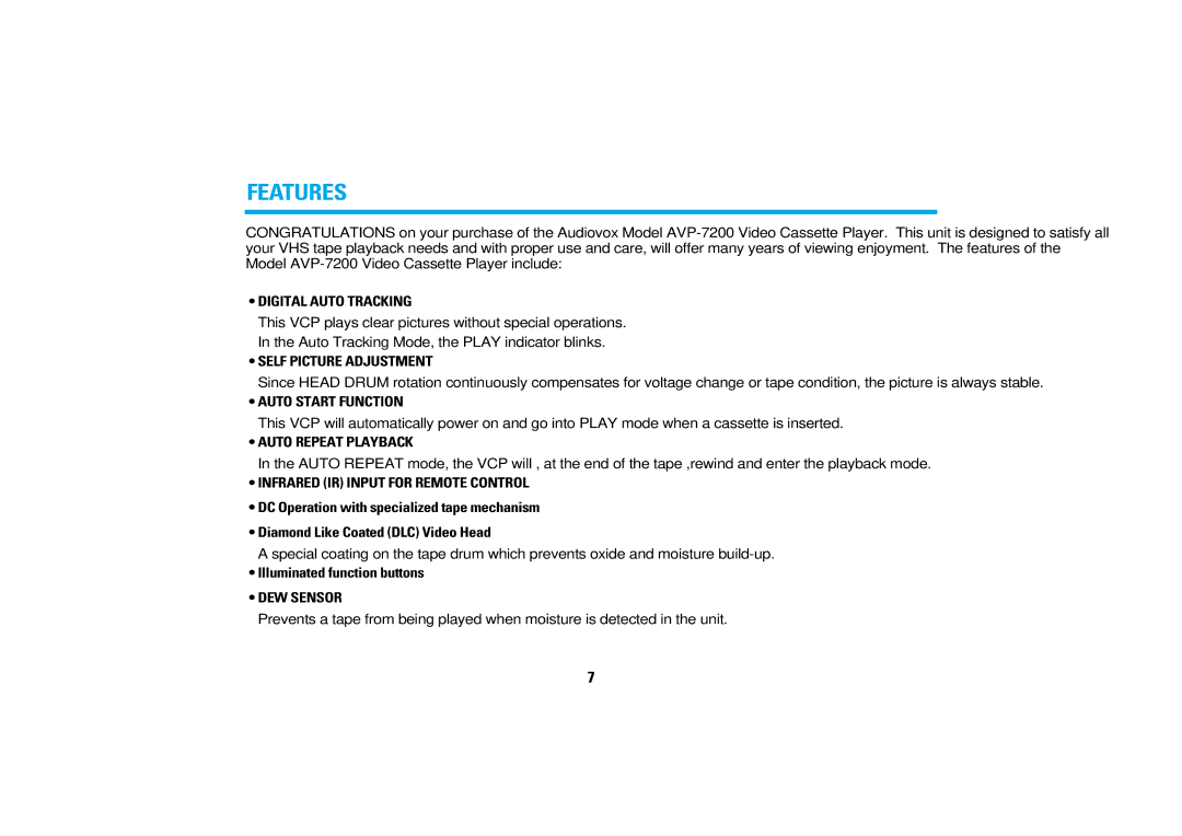 Audiovox AVP7200 manual Features 