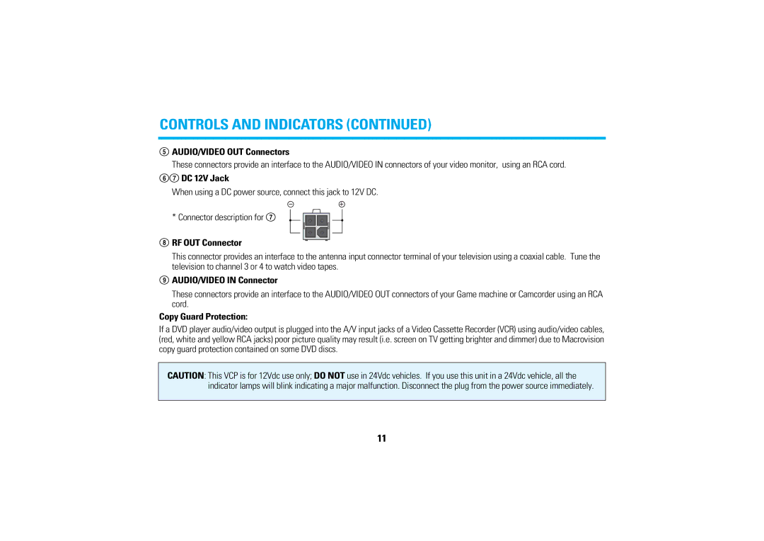 Audiovox AVP7200 manual AUDIO/VIDEO OUT Connectors, DC 12V Jack, RF OUT Connector, AUDIO/VIDEO in Connector 