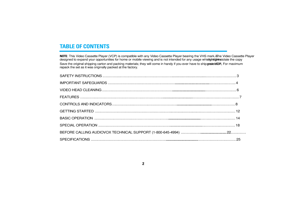 Audiovox AVP7200 manual Table of Contents 