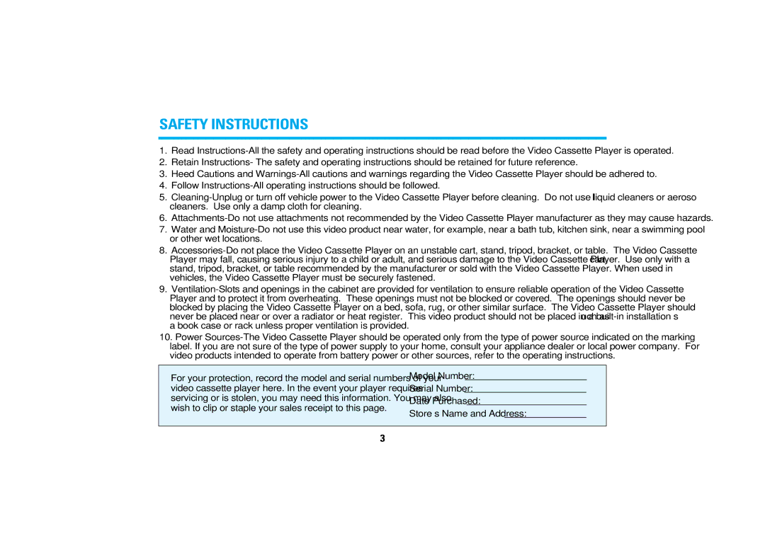 Audiovox AVP7200 manual Safety Instructions 