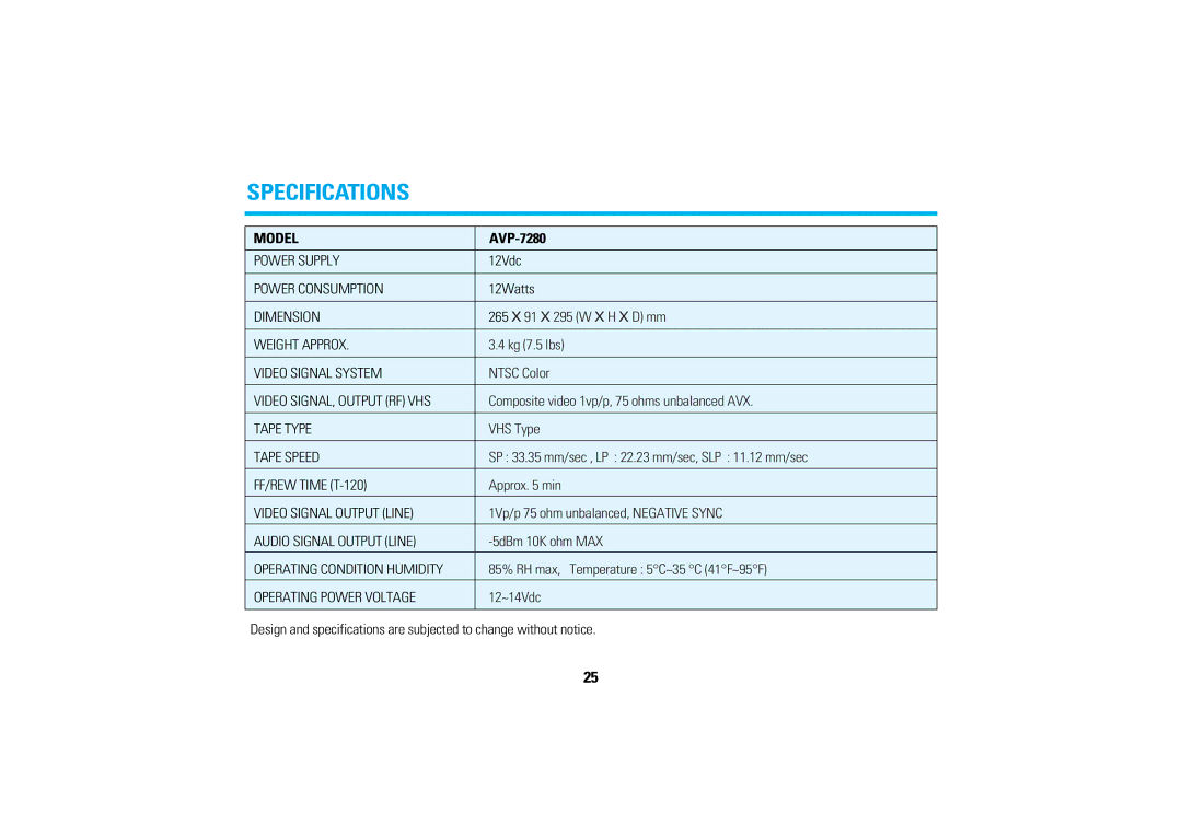 Audiovox AVP7280 manual Specifications, Model, AVP-7280 