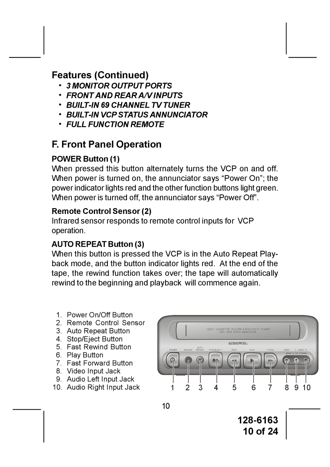 Audiovox AVP7380 instruction manual Front Panel Operation, Power Button, Remote Control Sensor, Auto Repeat Button 