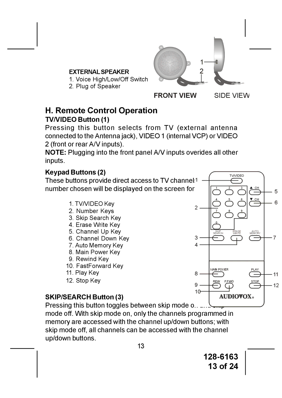 Audiovox AVP7380 instruction manual Remote Control Operation, TV/VIDEO Button, Keypad Buttons, SKIP/SEARCH Button 