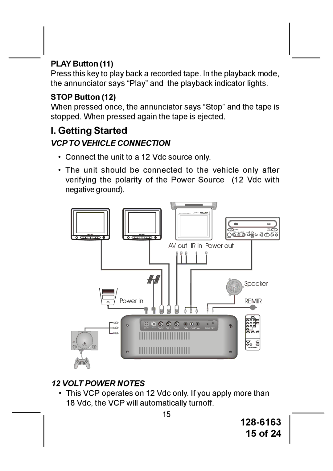 Audiovox AVP7380 instruction manual Getting Started, Stop Button, VCP to Vehicle Connection, Volt Power Notes 