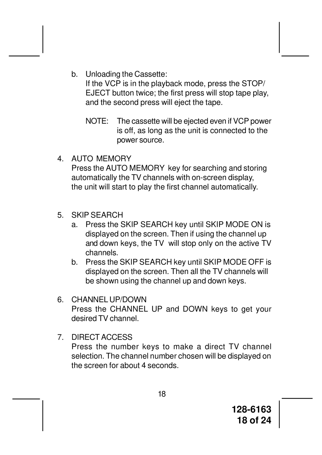 Audiovox AVP7380 instruction manual Auto Memory, Skip Search, Channel UP/DOWN, Direct Access 