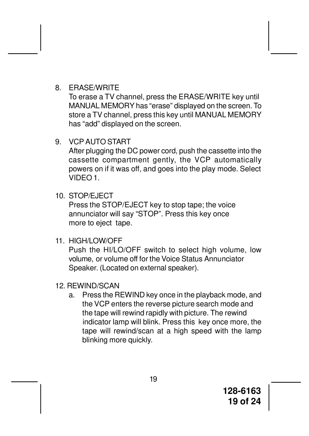 Audiovox AVP7380 instruction manual Erase/Write, VCP Auto Start, Stop/Eject, High/Low/Off, Rewind/Scan 