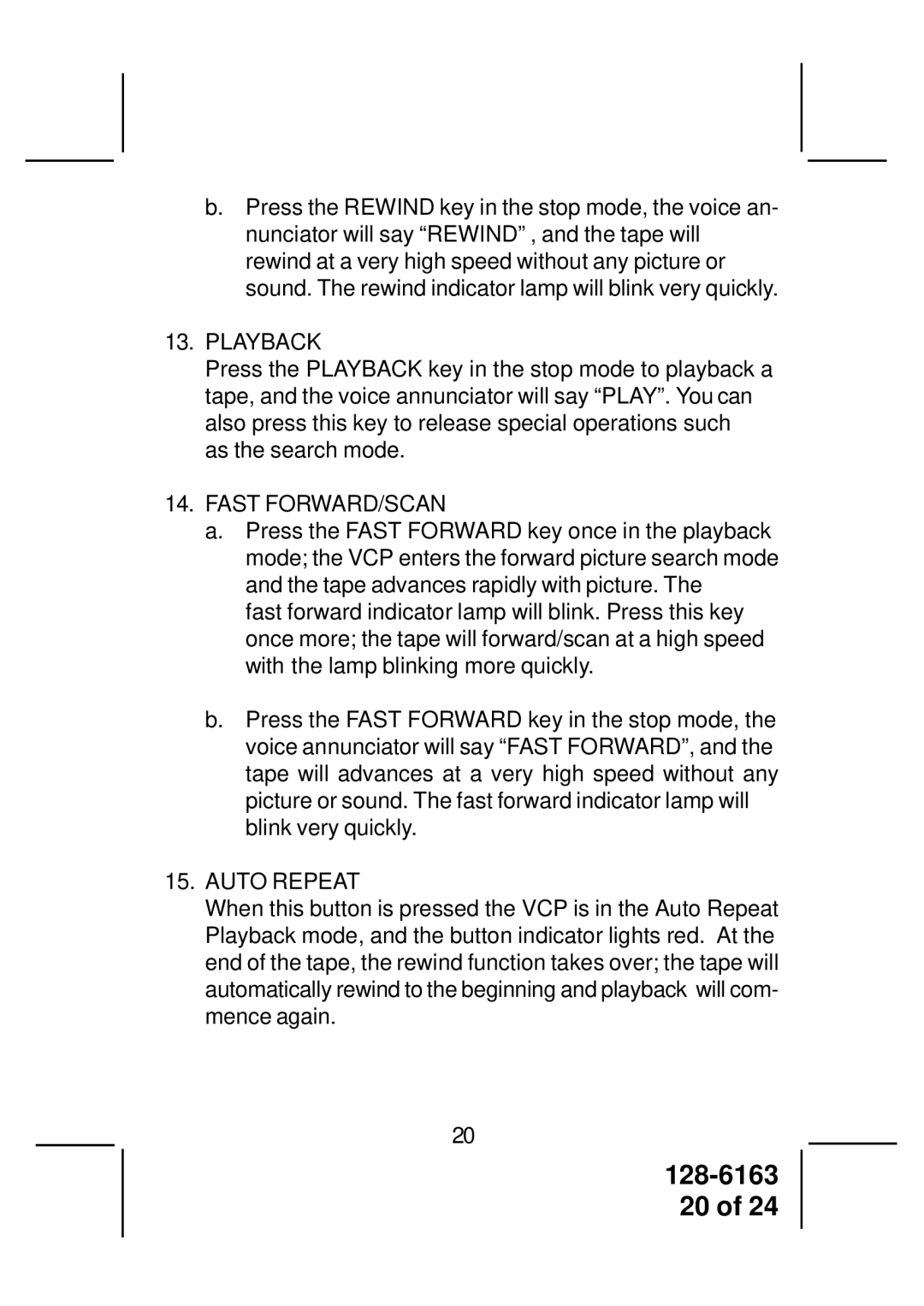 Audiovox AVP7380 instruction manual Playback, Fast FORWARD/SCAN, Auto Repeat 