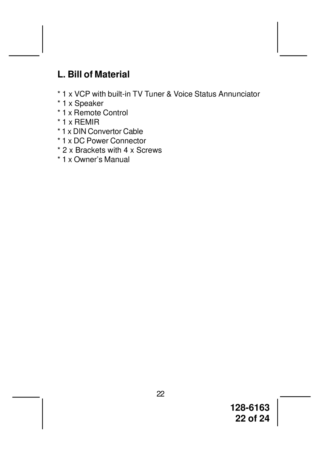 Audiovox AVP7380 instruction manual Bill of Material 