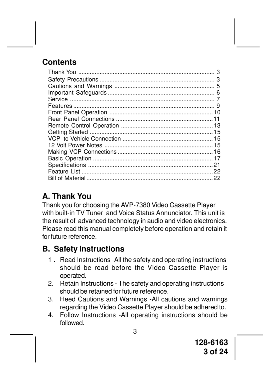 Audiovox AVP7380 instruction manual Contents, Thank You, Safety Instructions 