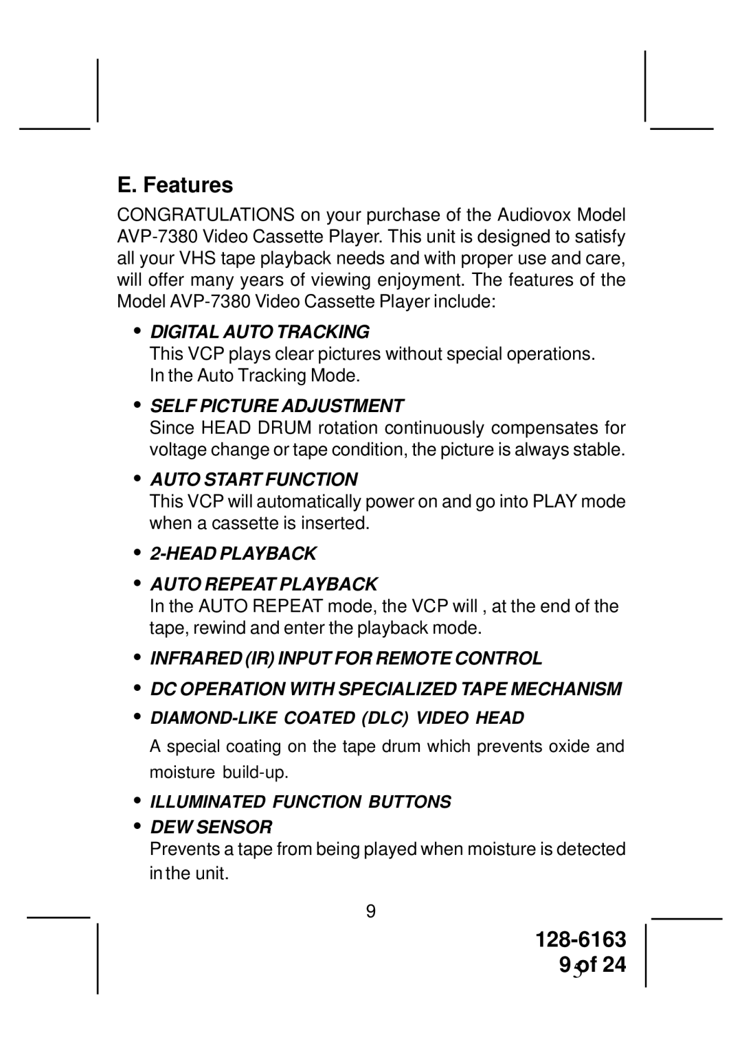 Audiovox AVP7380 instruction manual Features 