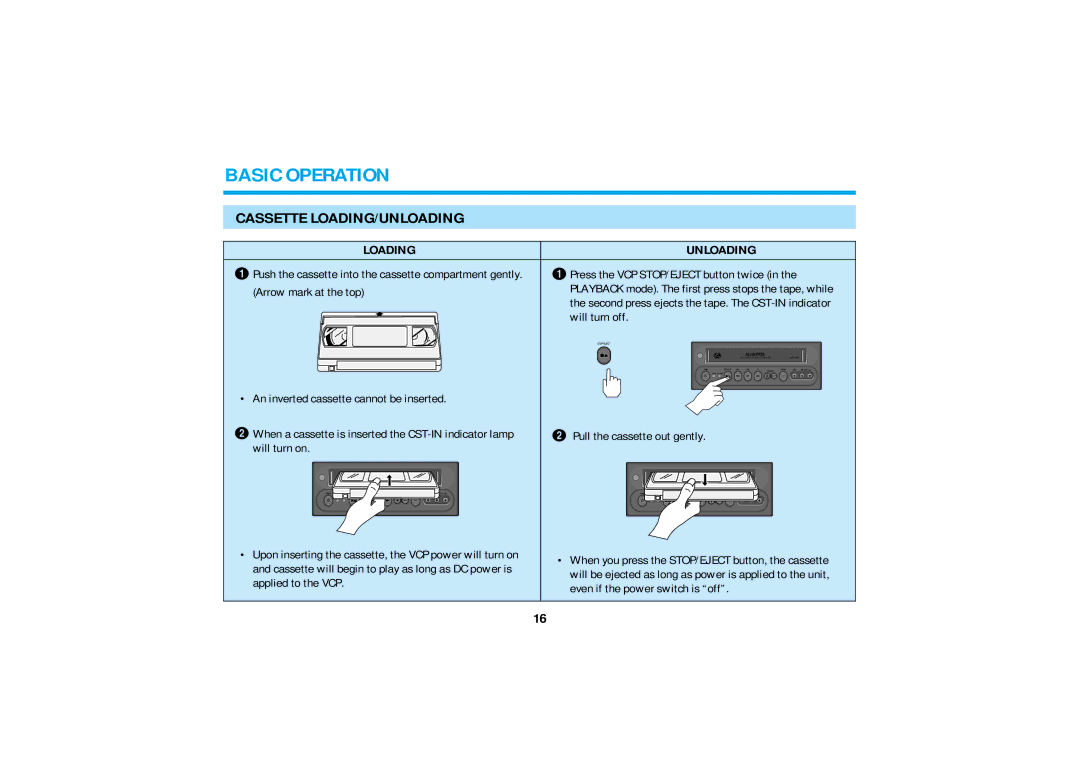 Audiovox AVP8280 manual Basic Operation, Cassette LOADING/UNLOADING, Loading Unloading 