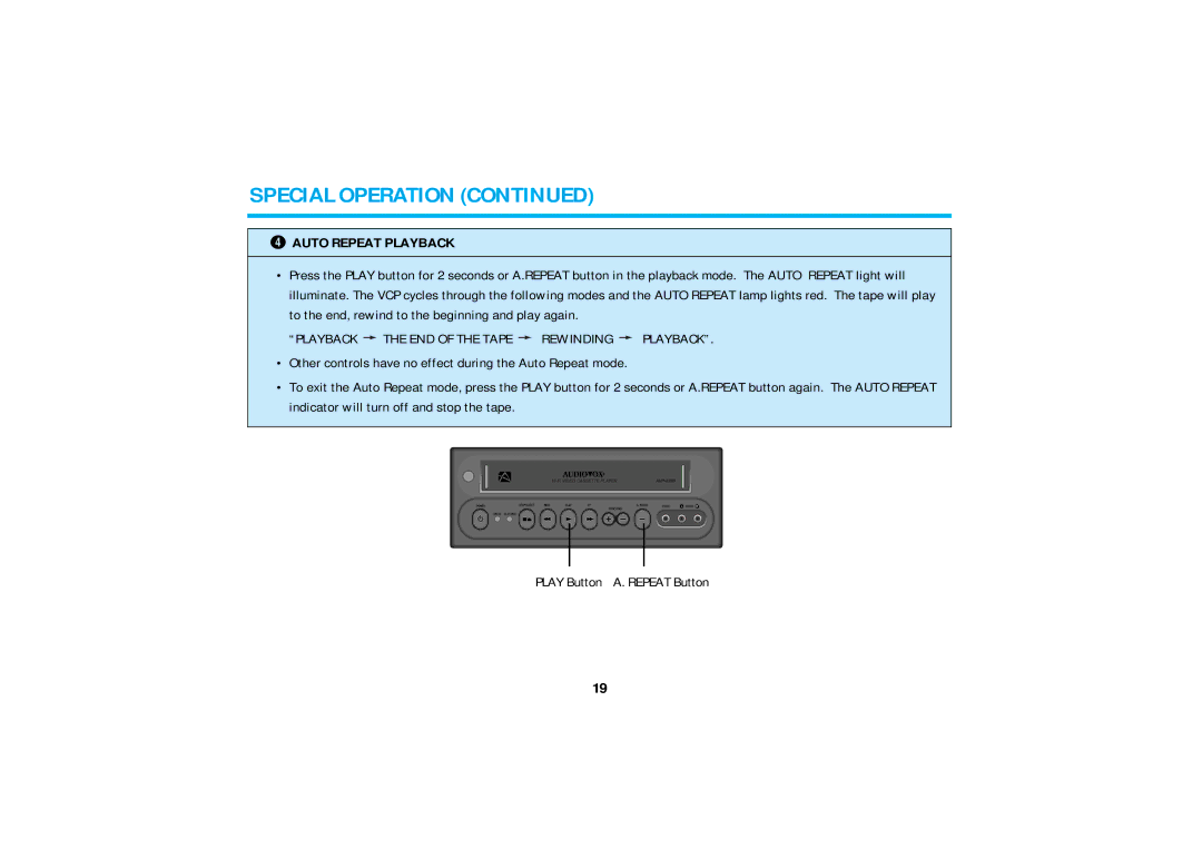 Audiovox AVP8280 manual ¬ Auto Repeat Playback, Playback the END of the Tape Rewinding Playback 