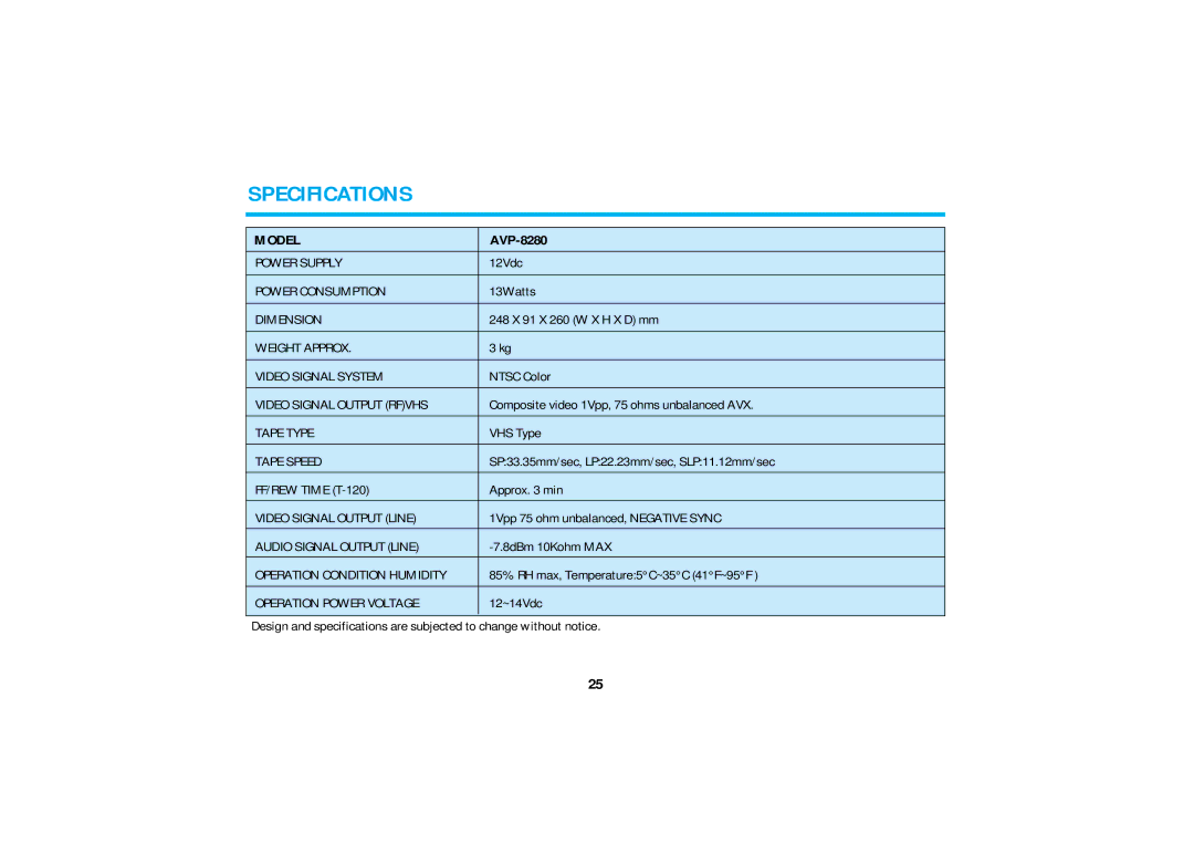 Audiovox AVP8280 manual Specifications, Model, AVP-8280 