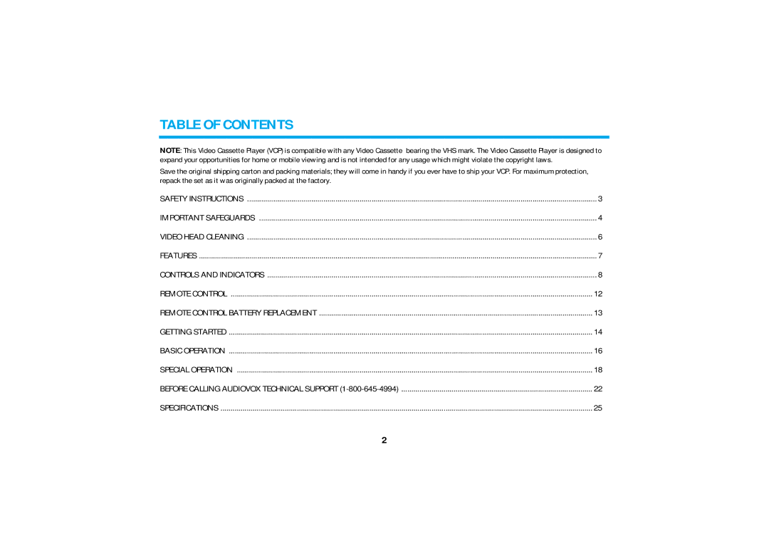 Audiovox AVP8280 manual Table of Contents 