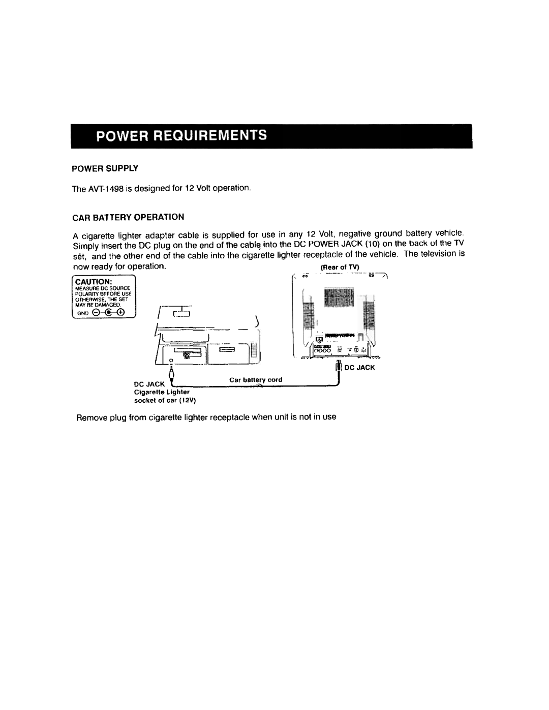 Audiovox AVT 1498 manual Power Supply 