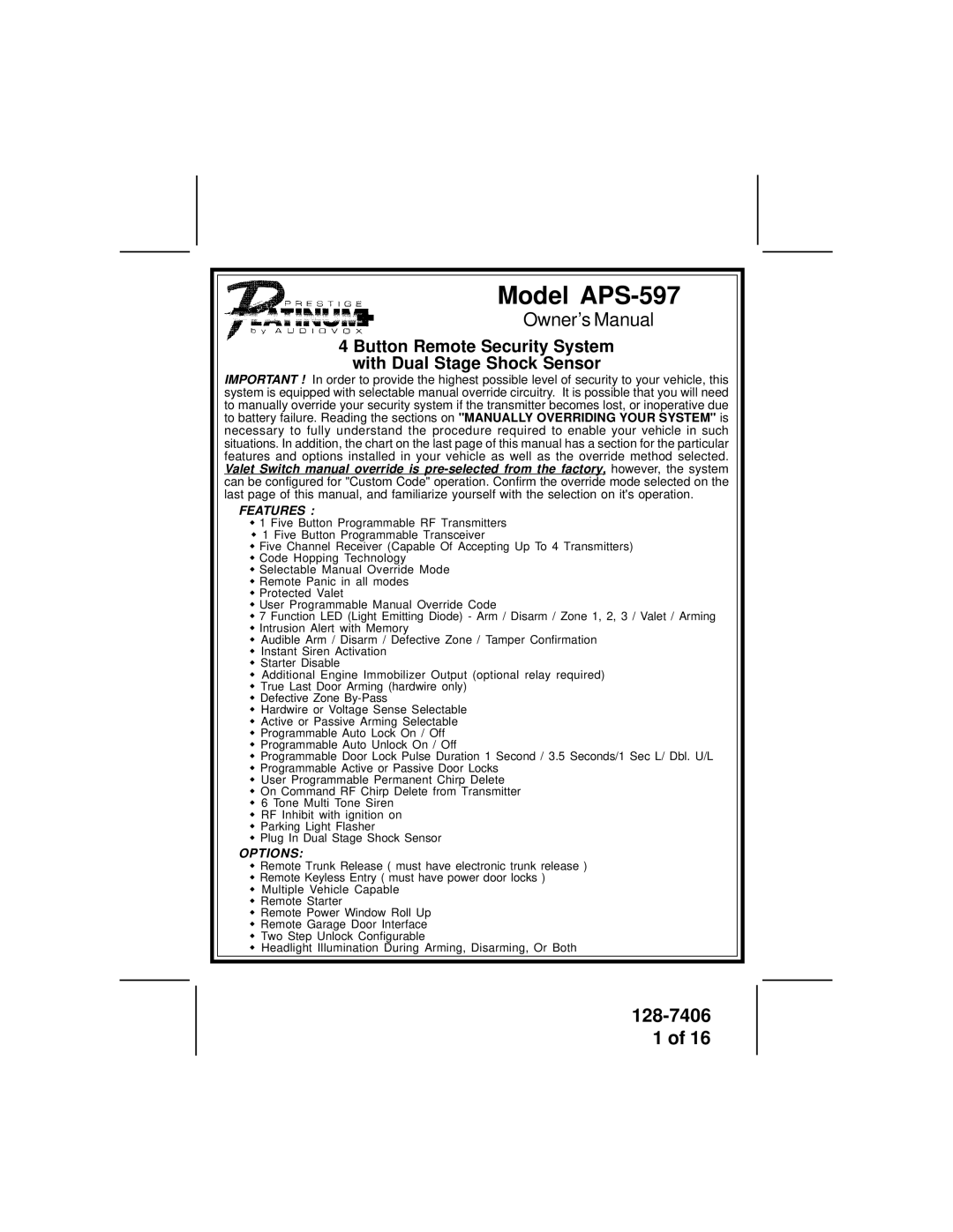 Audiovox AVT597 owner manual Model APS-597 