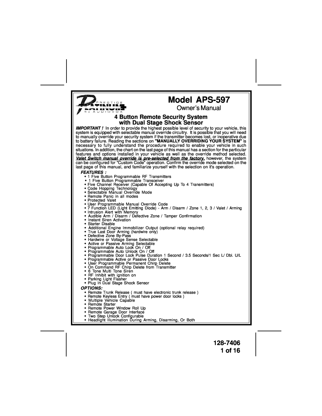 Audiovox AVT597 owner manual 128-7406 1 of, Model APS-597, Features, Options 