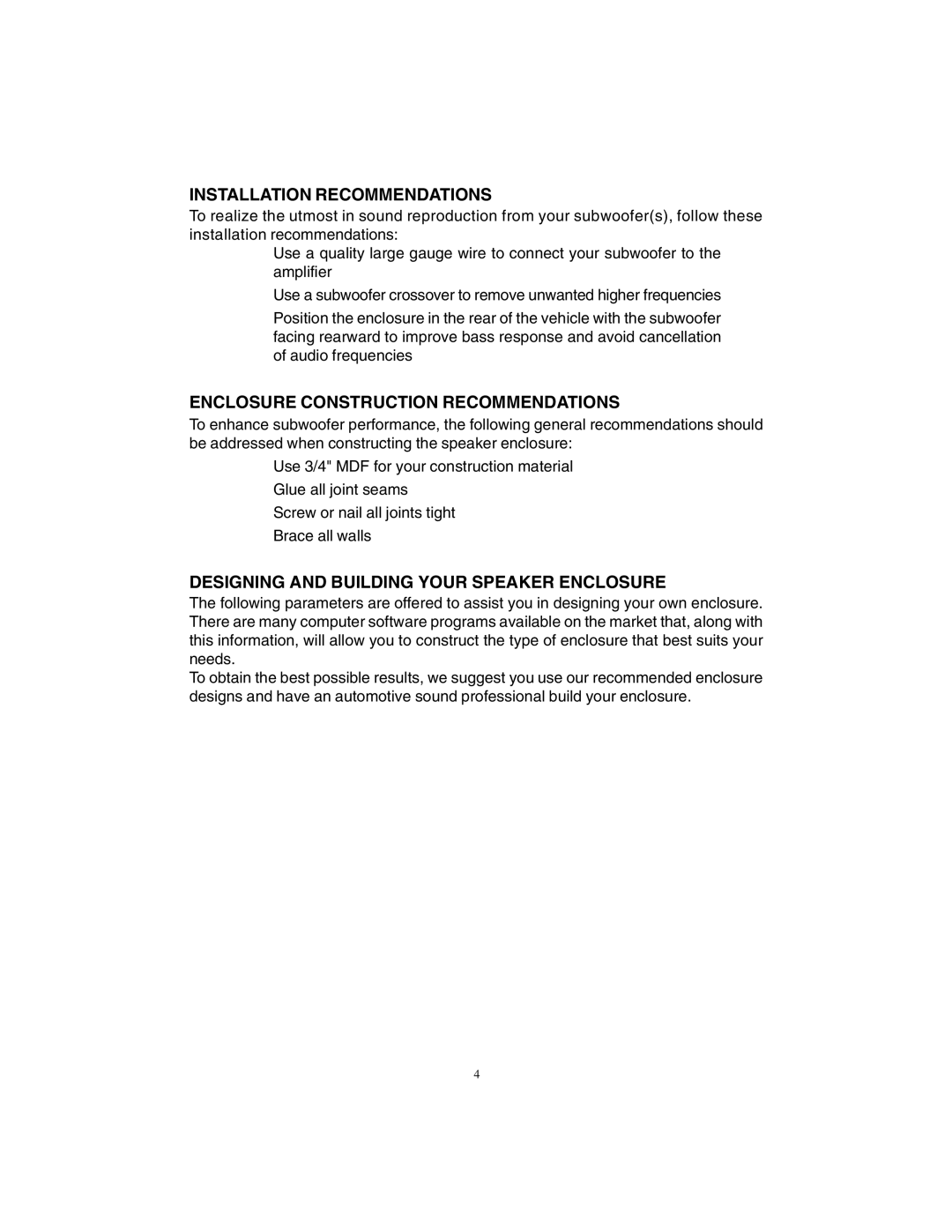 Audiovox AVW122, AVW110, AVW121 manual Installation Recommendations, Enclosure Construction Recommendations 