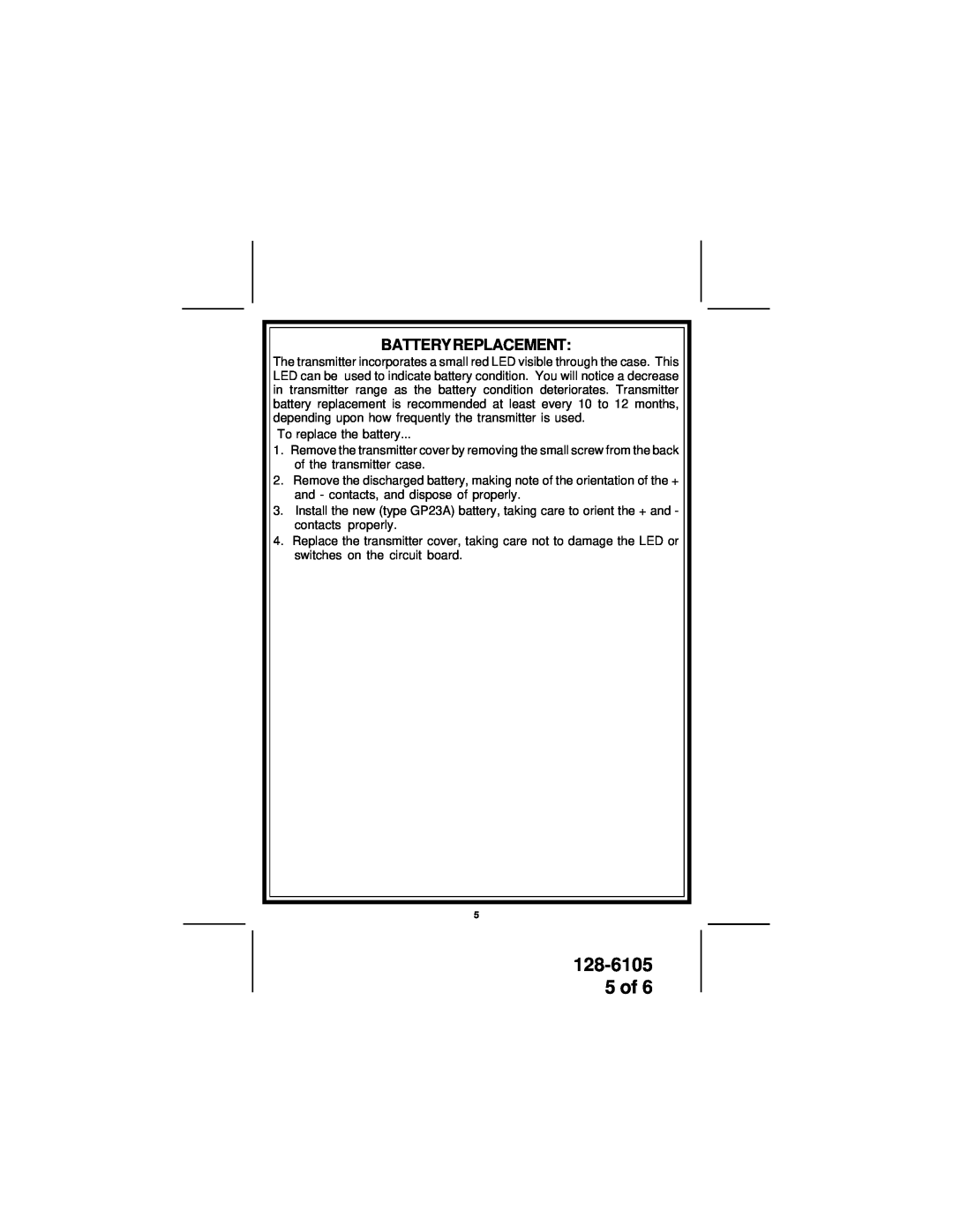 Audiovox AVX01BT3CL3 manual 128-6105 5 of, Batteryreplacement 