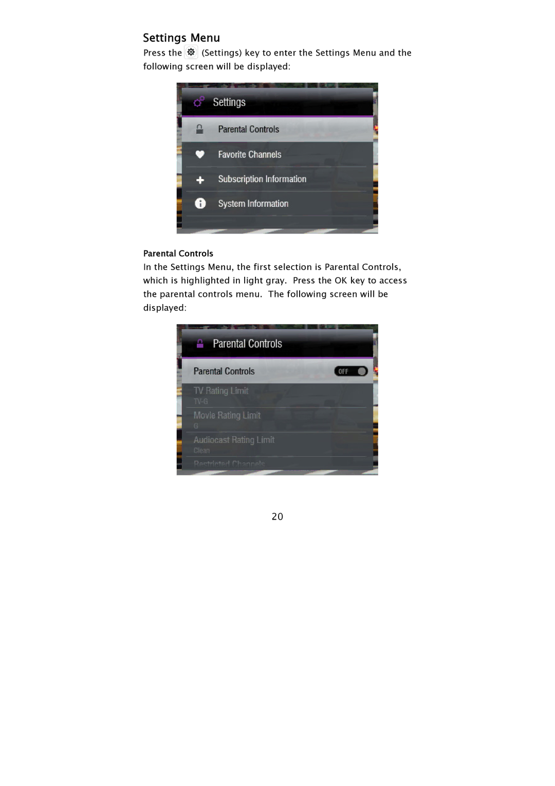 Audiovox AVXMMF1 manual Settings Menu 