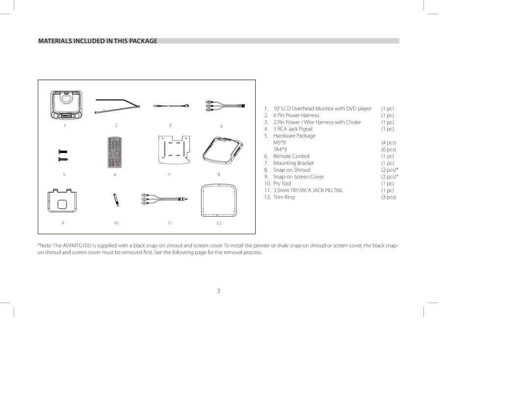 Audiovox AVXMTG10U manual Materials Included in this Package 