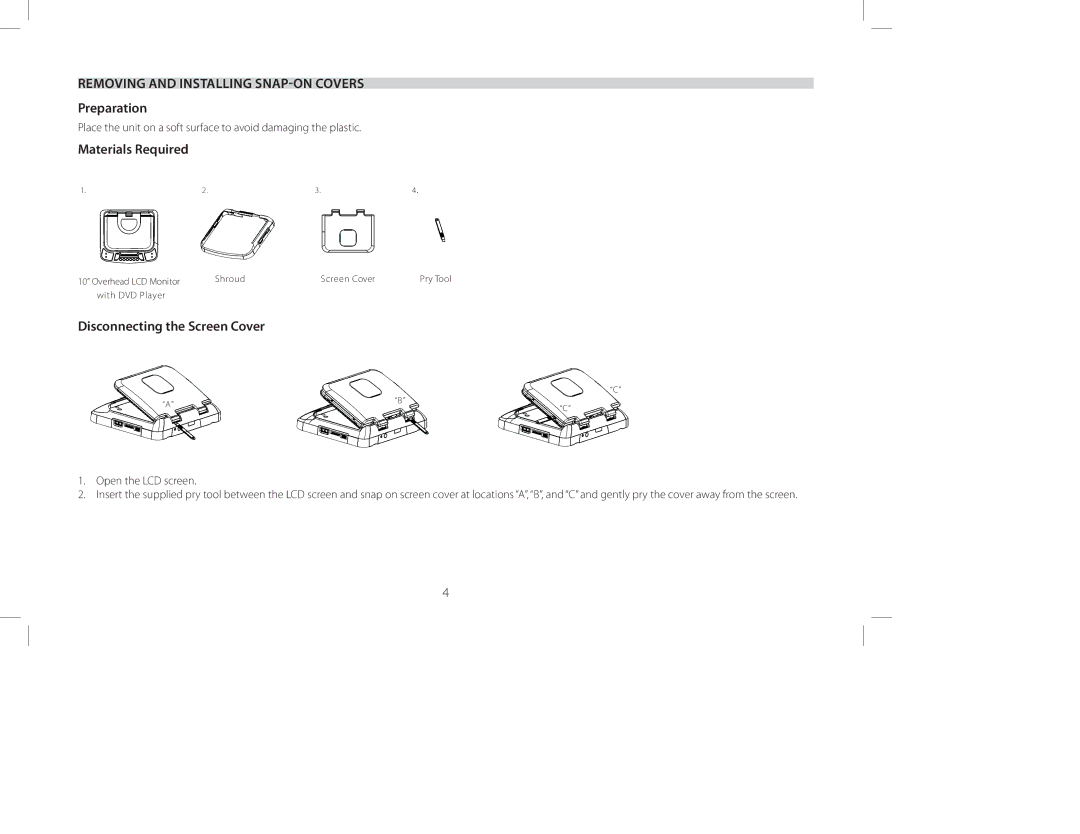 Audiovox AVXMTG10U Removing and Installing SNAP-ON Covers, Preparation, Materials Required, Disconnecting the Screen Cover 