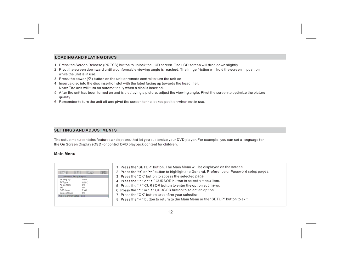 Audiovox AVXMTG9B/P/S operation manual Loading and Playing Discs, Settings and Adjustments, Main Menu 