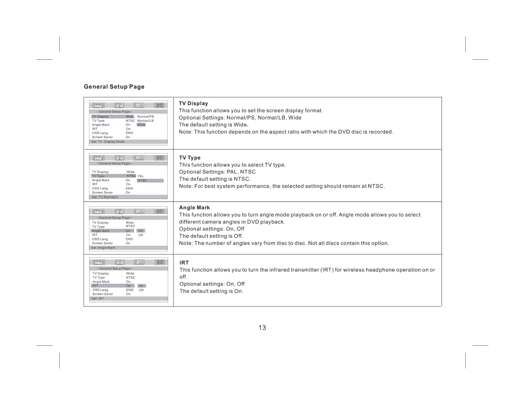 Audiovox AVXMTG9B/P/S operation manual General Setup, TV Display 