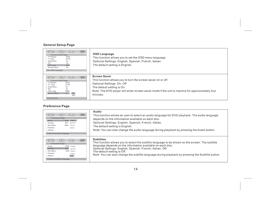 Audiovox AVXMTG9B/P/S operation manual Preference, OSD Language 