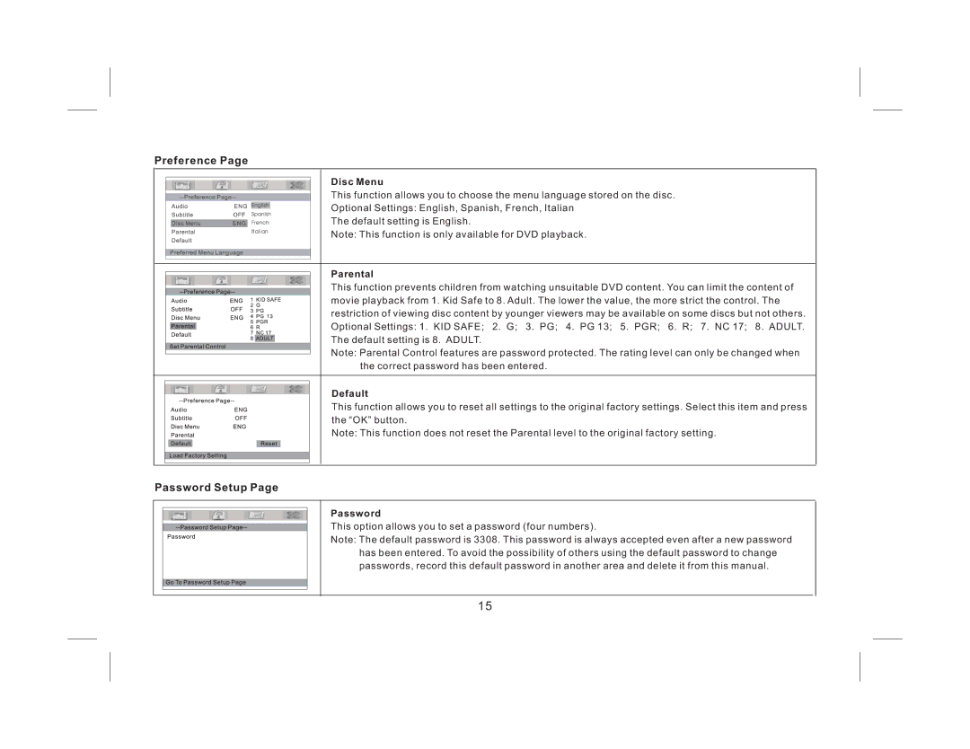 Audiovox AVXMTG9B/P/S operation manual Password Setup, Disc Menu 