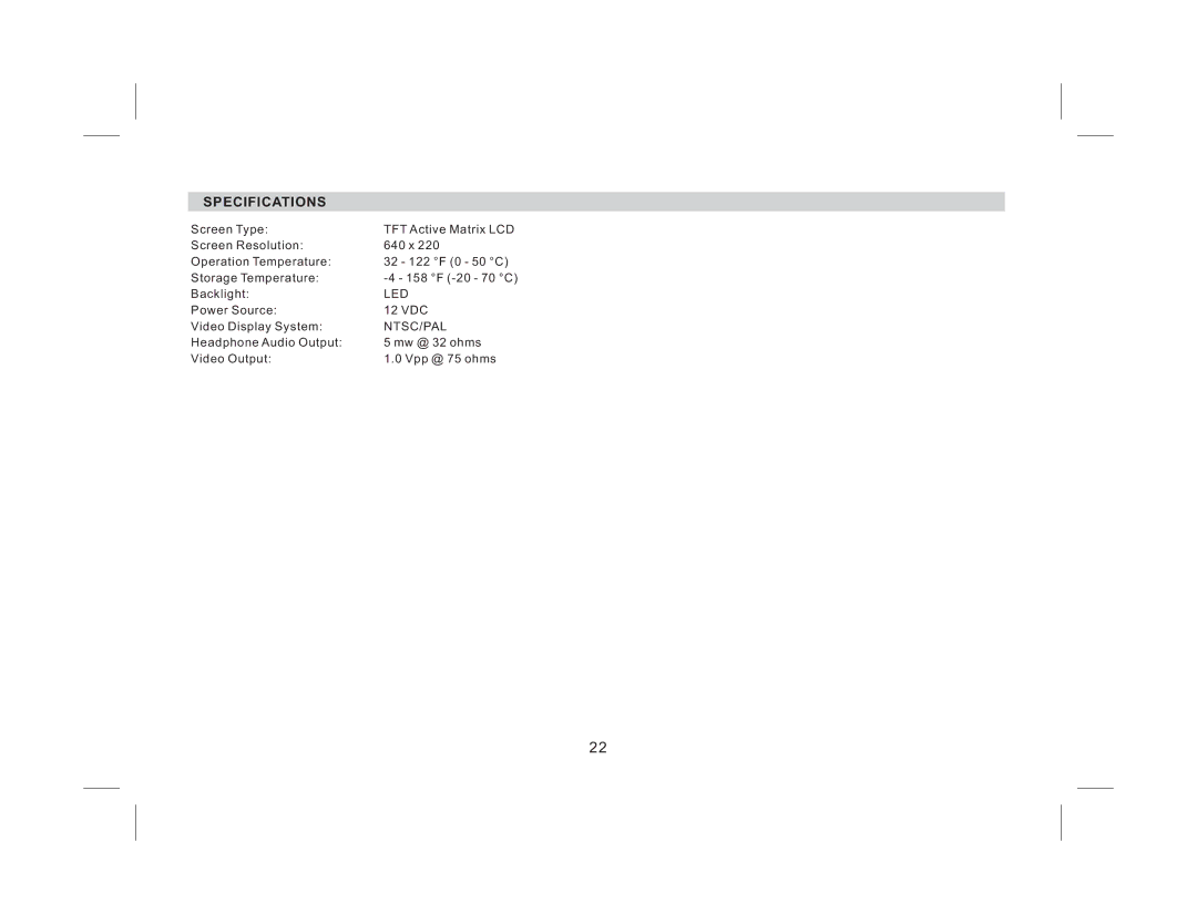 Audiovox AVXMTG9B/P/S operation manual Specifications 