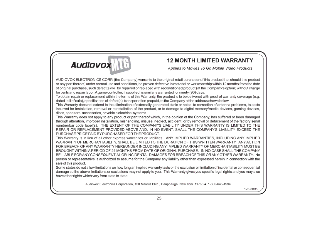 Audiovox AVXMTG9B/P/S operation manual Month Limited Warranty 