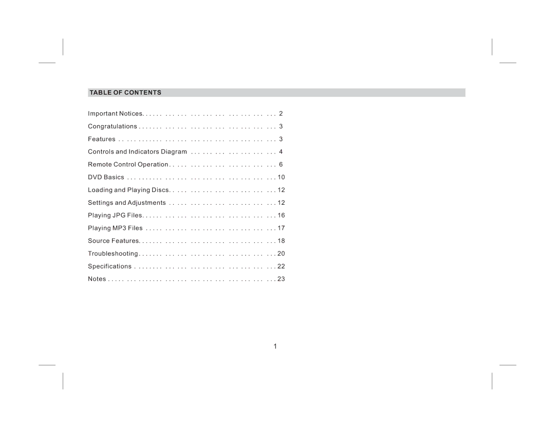 Audiovox AVXMTG9B/P/S operation manual Table of Contents 