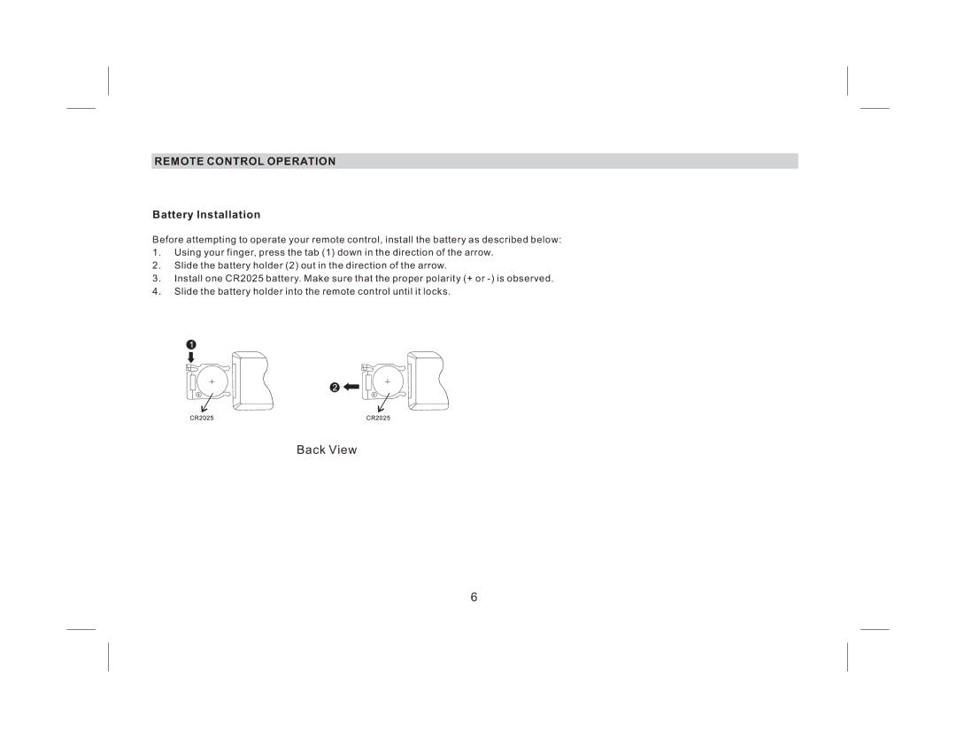 Audiovox AVXMTG9B/P/S operation manual Remote Control Operation, Battery Installation 