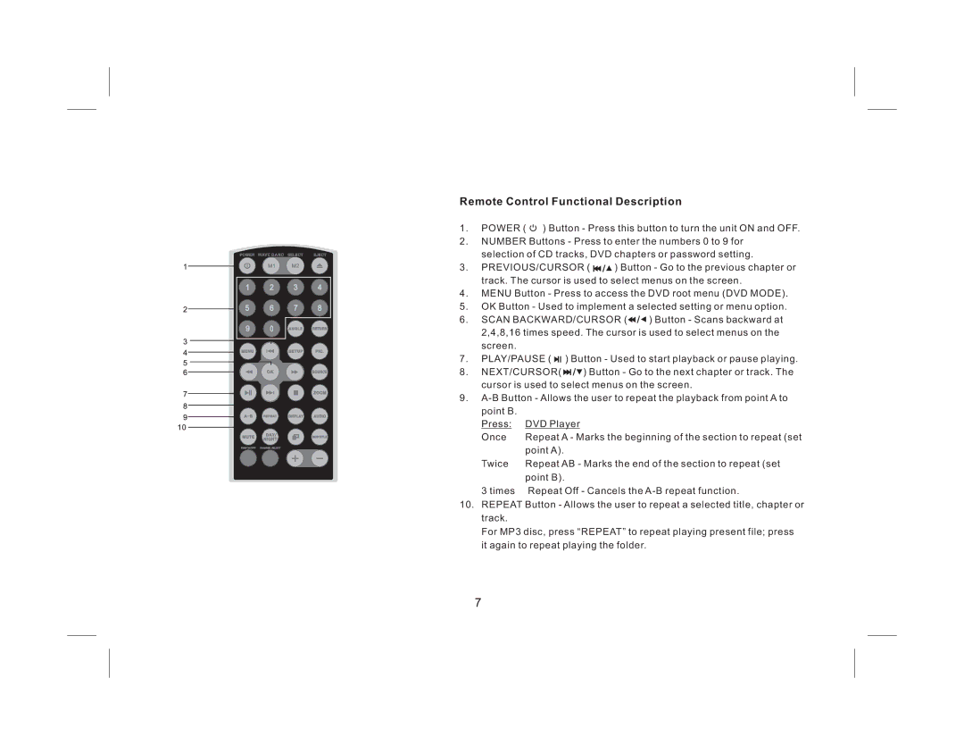 Audiovox AVXMTG9B/P/S operation manual Remote Control Functional Description 