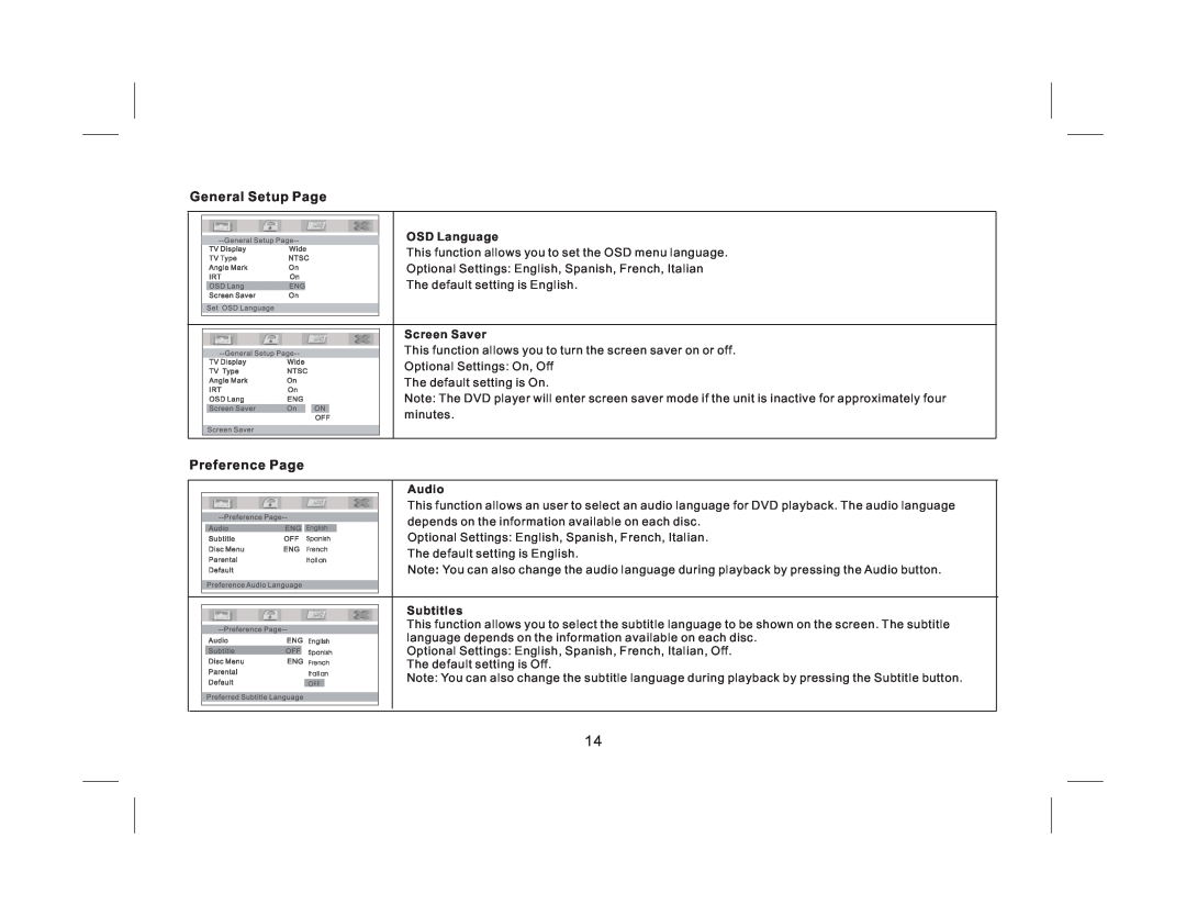 Audiovox AVXMTG9B/P/S operation manual Preference Page, General Setup Page, OSD Language, Screen Saver, Audio, Subtitles 