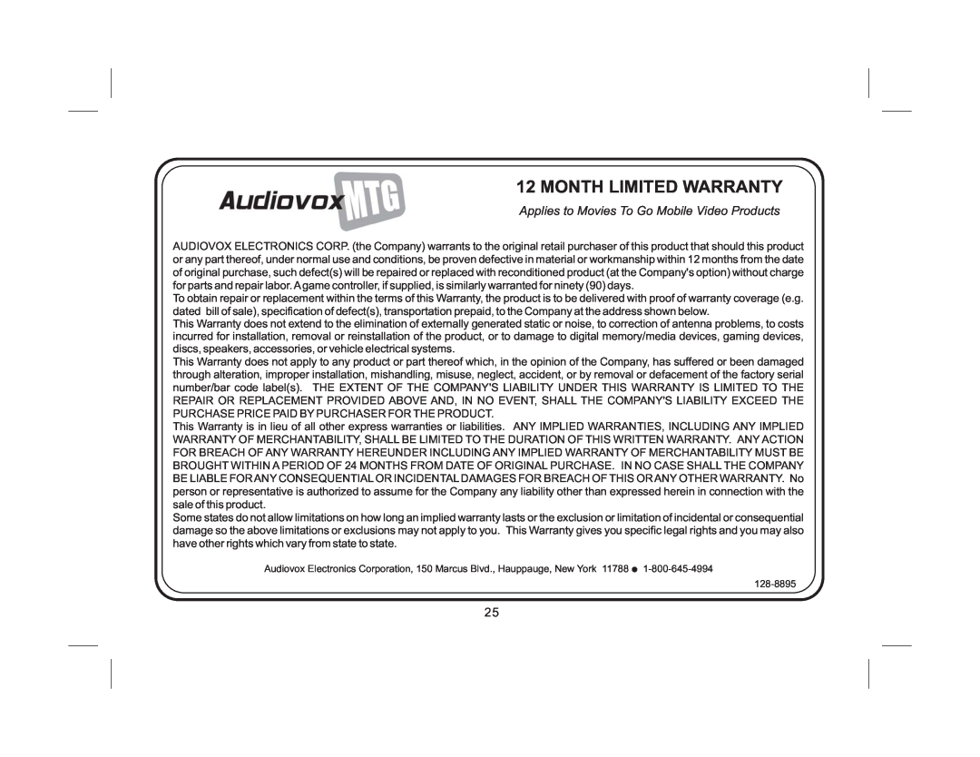 Audiovox AVXMTG9B/P/S operation manual Month Limited Warranty, Applies to Movies To Go Mobile Video Products 
